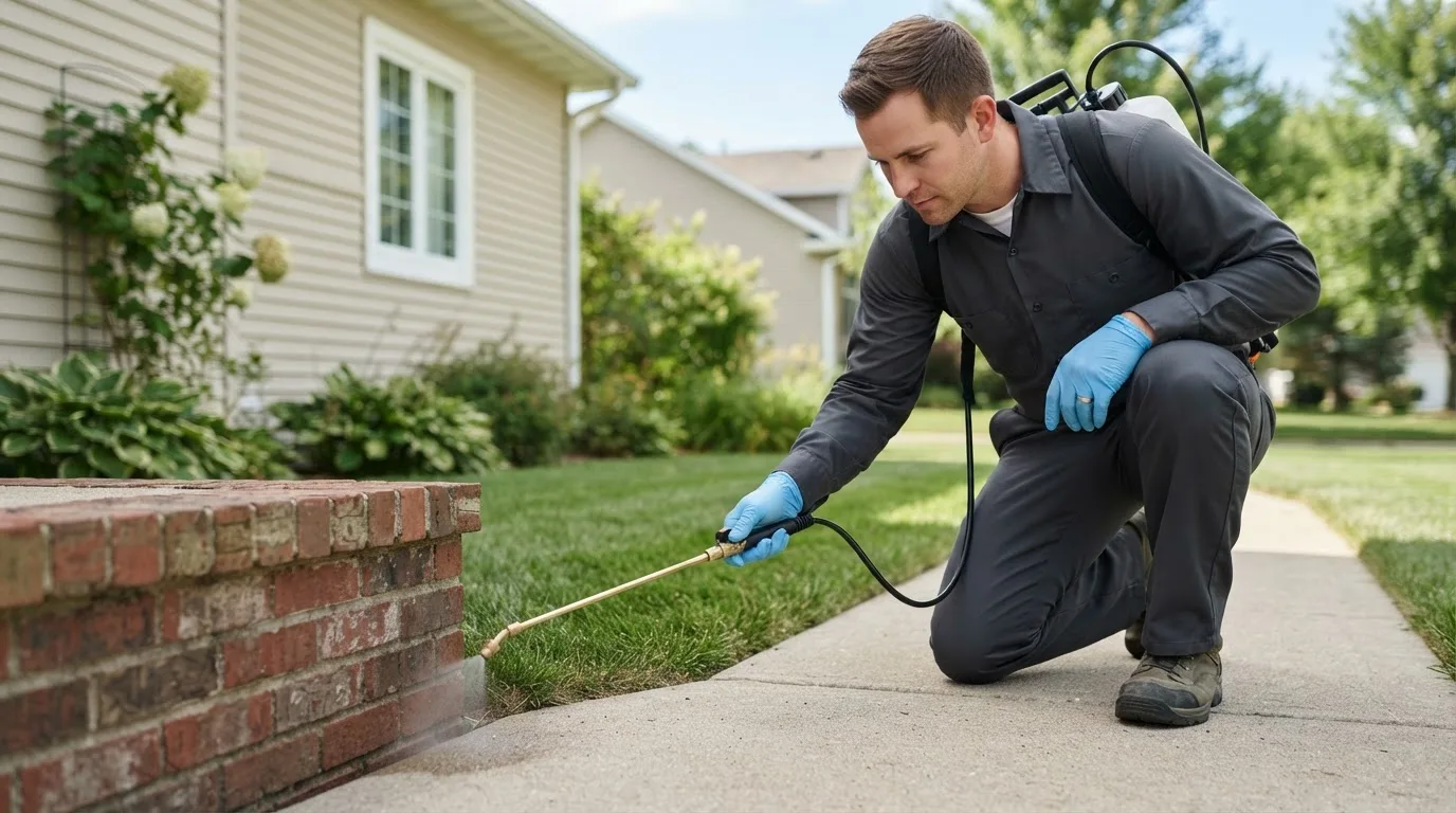 Pest control technician treating a home near Sarona, WI