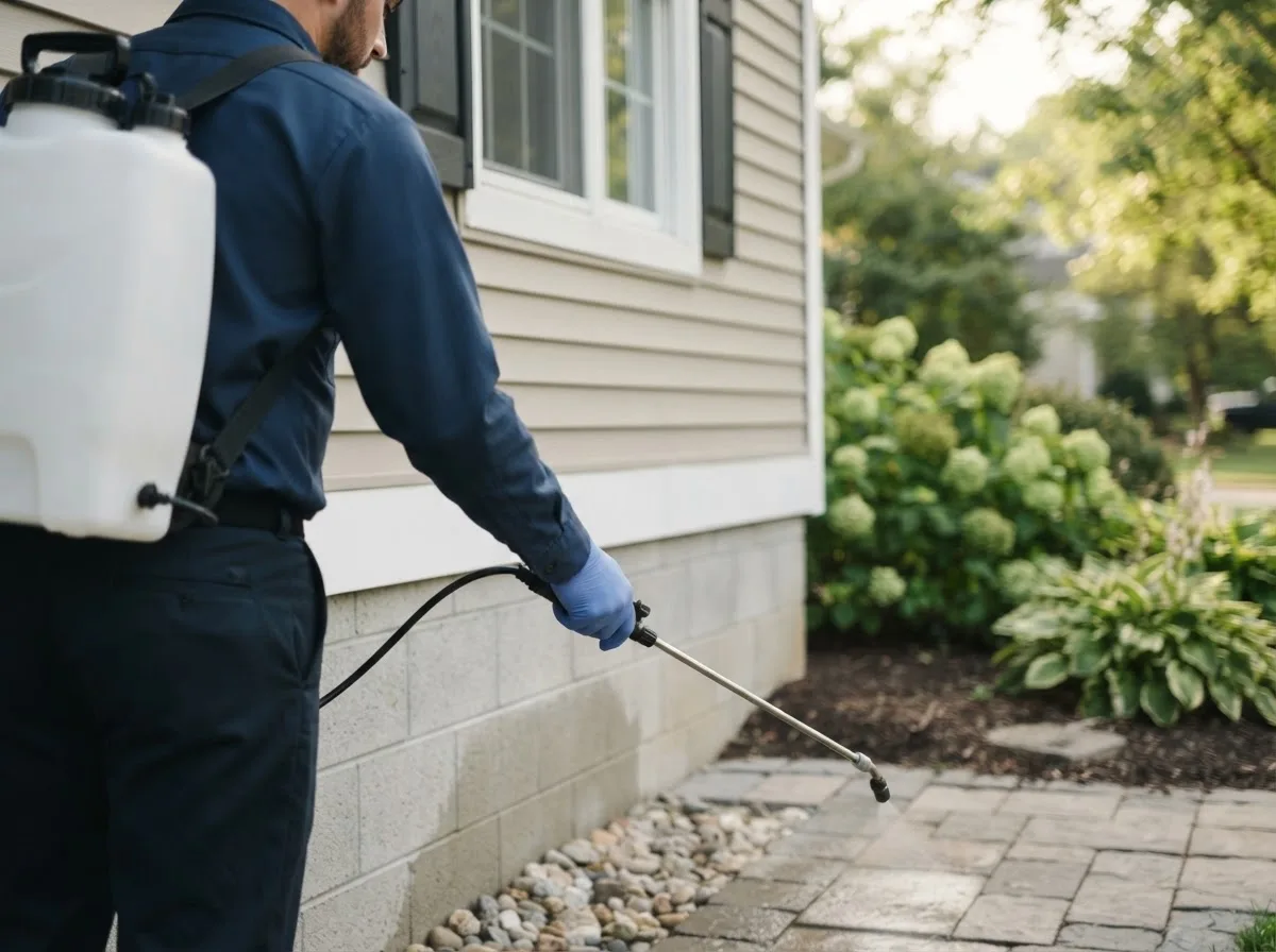 Pest control technician inspecting a home in Sarona, WI